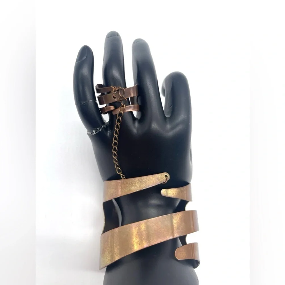 Brass coil Cuff Bracelet chain connected to Ring